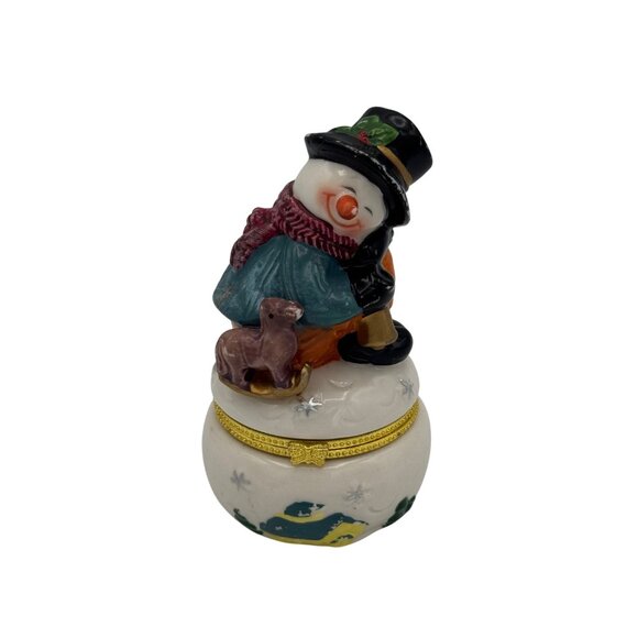Vintage Snowman Porcelain Trinket Box With Dog Figurine & Gold Trim - Picture 1 of 6